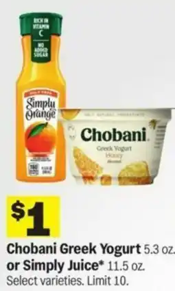 Meijer Chobani Greek Yogurt or Simply Juice= offer