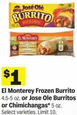 Meijer El Monterey Frozen Burrito or Jose Ole Burritos or Chimichangas offer