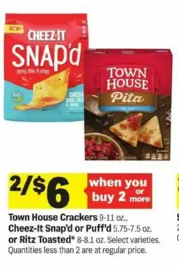 Meijer Town House Crackers Cheez-It Snap'd or Puff'd or Ritz Toasted offer