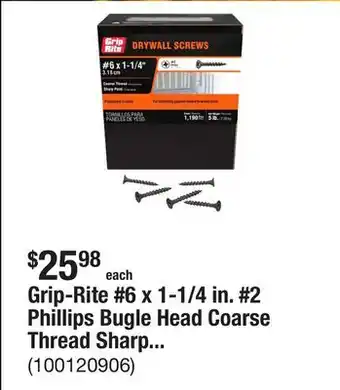 The Home Depot Grip-Rite #6 x 1-1/4 in. #2 Phillips Bugle Head Coarse Thread Sharp Point Drywall Screws 5 lb. Box offer