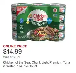 Costco Chicken of the Sea, Chunk Light Premium Tuna in Water, 7 oz, 12-Count offer