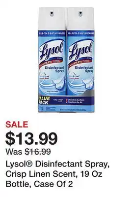 Office Depot Lysol Disinfectant Spray, Crisp Linen Scent, 19 Oz Bottle, Case Of 2 offer