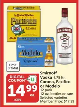 Albertsons Smirnoff Vodka 1.75 ltr. Corona, Pacifico or Modelo 12 pack 12 oz. bottles or cans offer