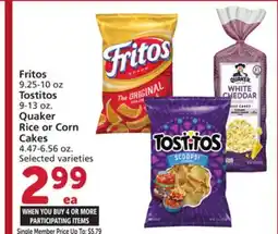 Albertsons Fritos 9.25-10 oz Tostitos 9-13 oz. Quaker Rice or Corn Cakes 4.47-6.56 oz offer