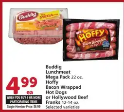 Albertsons Buddig Lunchmeat Mega Pack 22 oz. Hoffy Bacon Wrapped Hot Dogs or Hollywood Beef Franks 12-14 oz offer