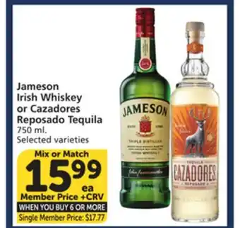 Vons Jameson Irish Whiskey or Cazadores Reposado Tequila offer
