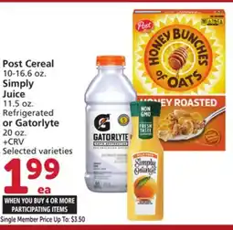 Vons Post Cereal 10-16.6 oz., Simply Juice 11.5 oz. Refrigerated or Gatorlyte 20 oz offer