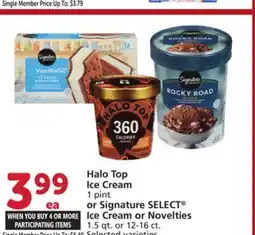 Vons Halo Top Ice Cream 1 pint or Signature SELECT Ice Cream or Novelties 1.5 qt. or 12-16 ct offer