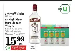 Pavilions Smirnoff Vodka 1.75 liter or High Noon Hard Seltzer Variety 8 pack, 12 oz. cans offer