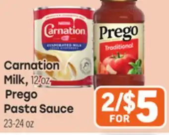 Tony’s Fresh Market Carnation Milk,12oz Prego Pasta Sauce 23-24oz offer