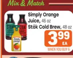 Tony’s Fresh Market Simply Orange Juice, 46 oz Stōk Cold Brew, 48 oz offer