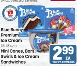 Tony’s Fresh Market Blue Bunny Premium Ice Cream 46-48 oz or Mini Cones, Bars, Swirls & Ice Cream Sandwiches 6-9 ct offer