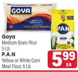 Tony’s Fresh Market Goya Medium Grain Rice, 5 Lb, P.A.N Yellow or White Corn Meal Flour, 5Lb offer