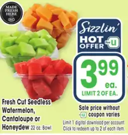 Jewel-Osco Fresh Cut Seedless Watermelon, Watermelon, Cantaloupe or Cantaloupe or Honeydew offer
