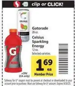 Safeway Gatorade / Celsius Sparkling Energy offer