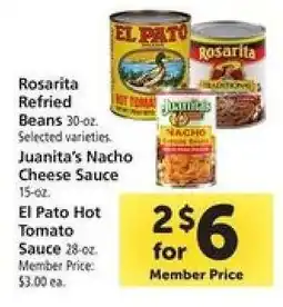 Safeway Rosarita Refried Beans, Juanita's Nacho Cheese Sauce, El Pato Hot Tomato Sauce offer
