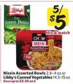 Winn Dixie Nissin Assorted Bowls or Libby's Canned Vegetables offer