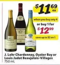 Winn Dixie J. Lohr Chardonnay, Oyster Bay or Louis Jadot Beaujolais-Villages offer