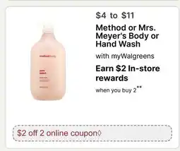 Walgreens Method or Mrs. Meyer's Body or Hand Wash offer