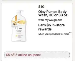 Walgreens Olay Pumps Body Wash, 30 or 33 oz offer