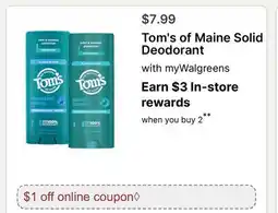Walgreens Tom's of Maine Solid Deodorant offer
