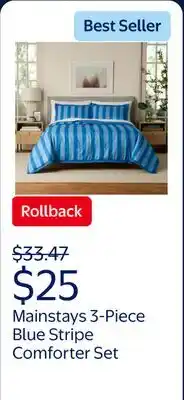Walmart Mainstays by Becky G. & Alejandra 3-Piece Blue Stripe Comforter Set with Shams, Full/Queen offer