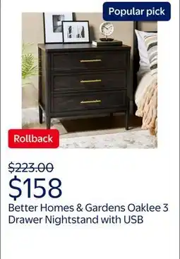 Walmart Better Homes & Gardens Oaklee 3 Drawer Nightstand with USB, Charcoal Finish offer
