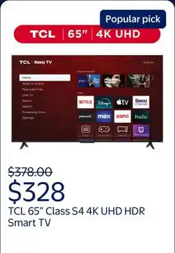 Walmart TCL 65 Class S4 (65S451) 4K UHD HDR Smart TV with Roku TV offer