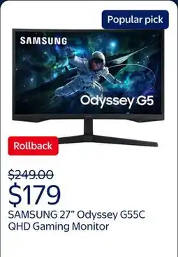 Walmart SAMSUNG 27 Odyssey G55C QHD 165Hz 1ms(MPRT) Curved Gaming Monitor - LS27CG556ENXZA offer