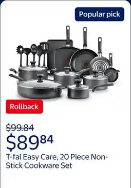 Walmart T-fal Easy Care, 20 Piece Non-Stick Pots and Pans Cookware Set offer