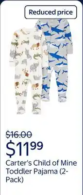Walmart Carter's Child of Mine Toddler Pajama, 2-Pack, One-Piece offer