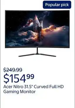 Walmart Acer Nitro 31.5 Curved Full HD (1920 x 1080) 180Hz Gaming Monitor, Black, ED320QR S3biipx offer