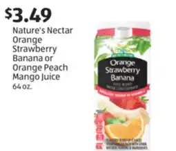 Aldi Nature's Nectar Orange Strawberry Banana or Orange Peach Mango Juice offer