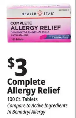 Ocean State Job Lot Health Star 25 mg Complete Allergy Relief 100 Tablets offer