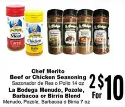 Rancho Markets Chef Merito Beef or Chicken Seasoning La Bodega menudo, pozole, barbacoa or birria blend offer
