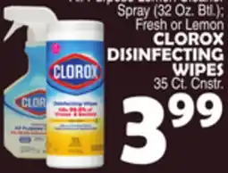 Bravo Supermarkets CLOROX DISINFECTING WIPES 35 Ct. Cnstr offer