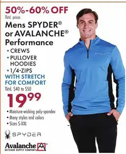Boscov's Mens SPYDER or AVALANCHE Performance CREWS WITH STRETCH FOR COMFORT offer