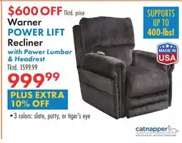 Boscov's Warner POWER LIFT Recliner with Power Lumbar & Headrest offer