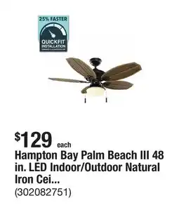 The Home Depot Hampton Bay Palm Beach III 48 in. LED Indoor/Outdoor Natural Iron Ceiling Fan with Light Kit offer