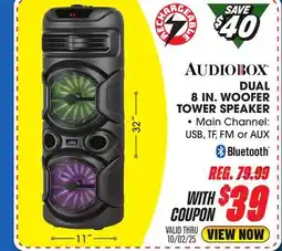 Big 5 Audiobox Dual 8 Woofer Rechargeable Tower Speaker with Wheels offer