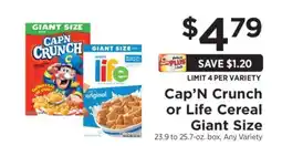 ShopRite Cap'N Crunch or Life Cereal Giant Size offer