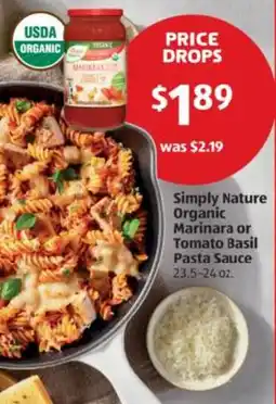 Aldi Simply Nature Organic Marinara or Tomato Basil Pasta Sauce offer