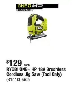 The Home Depot Ryobi one+ hp 18v brushless cordless jig saw (tool only) offer