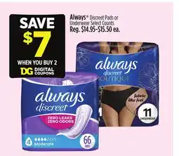Dollar General Always Discreet Pads or Underwear offer