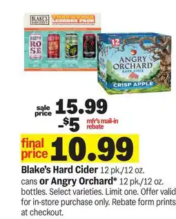 Meijer Blake's Hard Cider 12 pk./12 oz. cans or Angry Orchard* 12 pk./12 oz. bottles offer