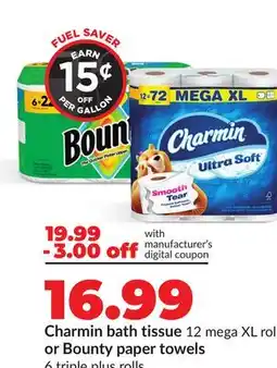 Hy-Vee Charmin bath tissue 12 mega XL rolls or Bounty paper towels 6 triple plus rolls offer
