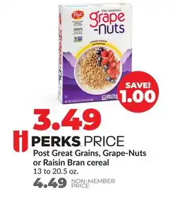 Hy-Vee Post Great Grains, Grape-Nuts or Raisin Bran cereal offer