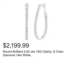 Costco Round Brilliant 2.00 ctw VS2 Clarity, G Color Diamond 14kt White Gold Hoop Earrings offer