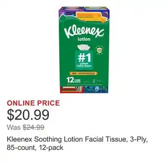 Costco Kleenex Soothing Lotion Facial Tissue, 3-Ply, 85-count, 12-pack offer