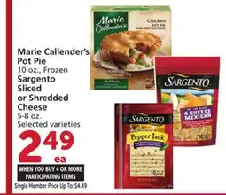 Vons Marie Callender's Pot Pie 10 oz., Frozen Sargento Sliced or Shredded Cheese 5-8 oz offer